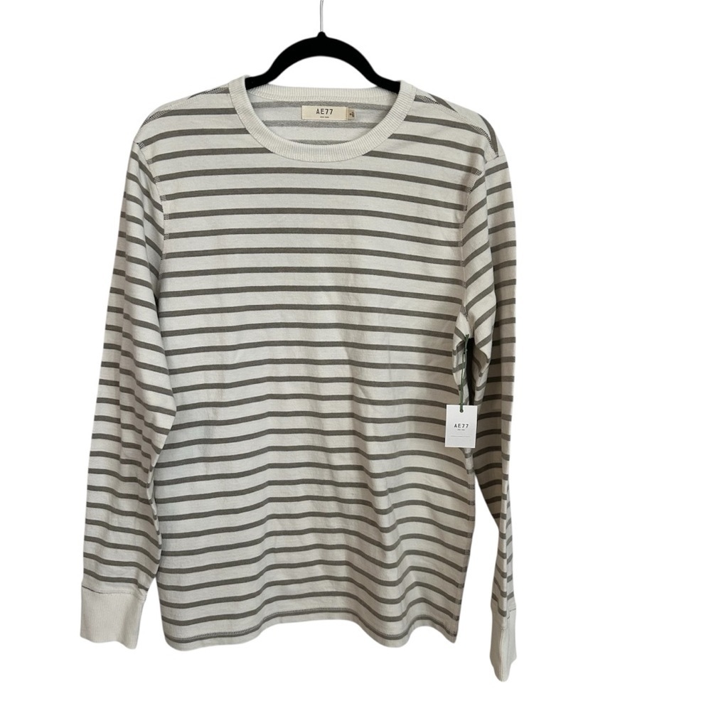 Ae77 Men's Long Sleeve Cream & Gray Stripe Cotton Crewneck Sweatshirt Sz S NWT